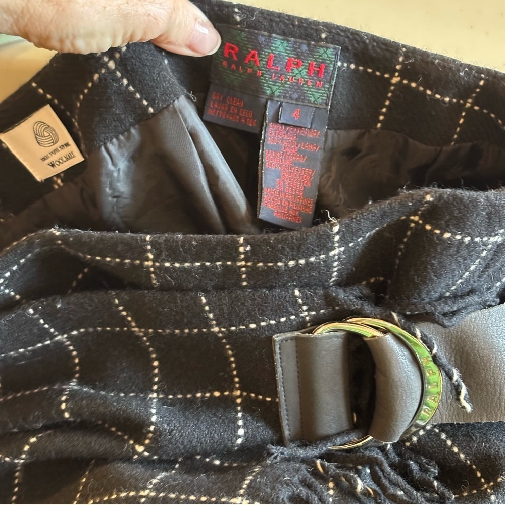 RalphLauren 100%Wool Mini Skirt Leather/Buckle/Fringe Sz 4 Grunge Y2K Classic - Picture 2 of 9
